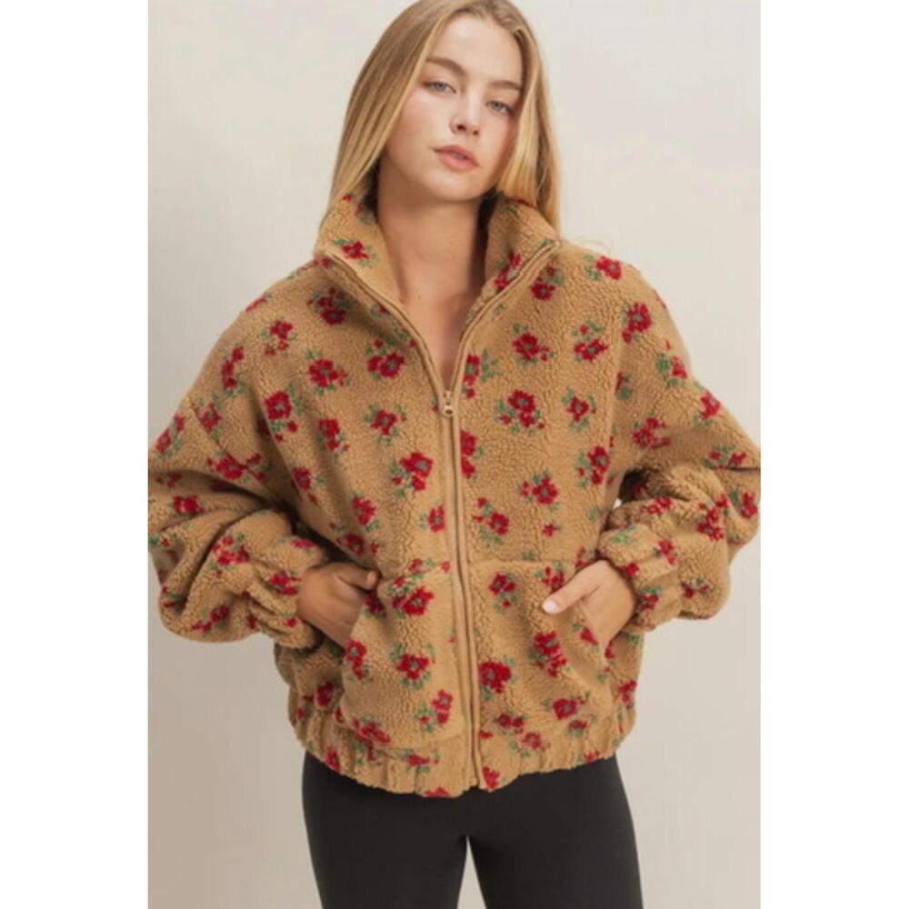 NEW DOUBLE ZERO comfy floral print sherpa zip-up jacket in taupe